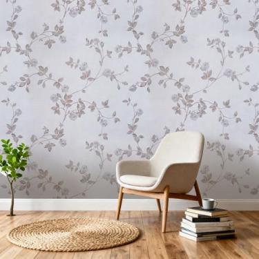 Imagem de AbaBoorty Papel de parede floral delicado descasque e cole cinza/branco folha floral flor autoadesivo moderno papel de parede de vinil removível à prova d'água para quarto e banheiro 48 x 38 cm