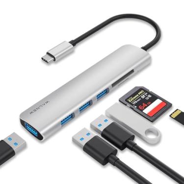 Imagem de Hub USB C 6 em 1 adaptador de conversão USB tipo C WALNEW HUB com 4 portas USB 3.0 para transferência de dados de alta velocidade, hub tipo C, compatível com cartão TF/cartão SD (prata)