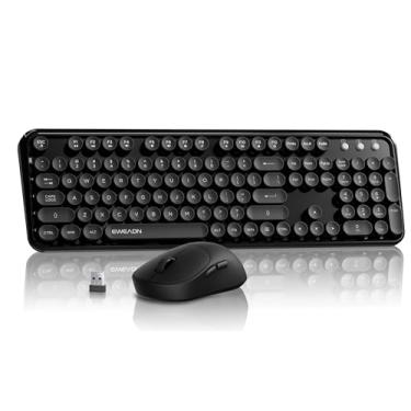 Imagem de EWEADN Combo de teclado e mouse sem fio V96, teclado estilo máquina de escrever retrô sem fio de 2,4 G, com teclas redondas, teclado de computador e mouse de 104 teclas para Windows/Mac/PC, preto