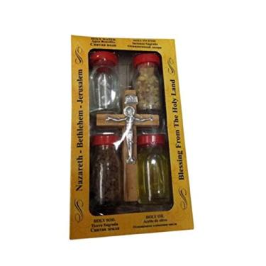 Imagem de Conjunto de cruz de madeira de oliveira com 4 garrafas - óleo de unção, água do rio Jordão, Terra Santa e incenso