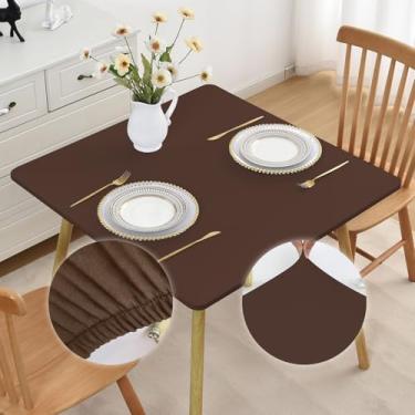 Imagem de Mulilai Toalha de mesa para uso ao ar livre, marrom, pequena, quadrada, elástica, 106 x 106 cm, capa de mesa elástica com tecido elastano, sem rugas, antiderrapante, lavável para cozinha, jantar