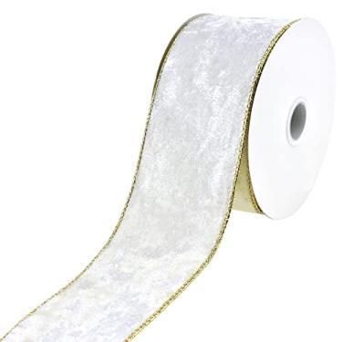 Imagem de Homeford Fita com fio de veludo natalino e parte traseira metálica, 5,8 cm - Marfim/Ouro