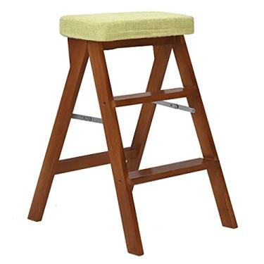 Imagem de Banqueta de bar dobrável banquinho multifuncional banquinho alto portátil criativo almofada de tecido de linho (cor marrom e original de madeira) Bancos de bar Altura do balcão (Cor: Log E) (marrom C)