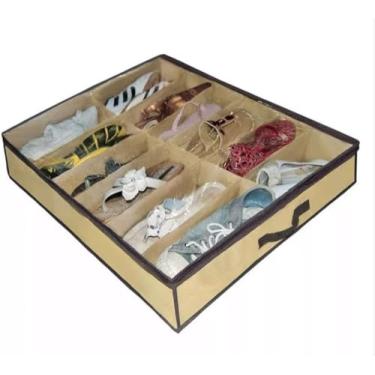 Imagem de Organizador de Sapatos Dobrável, Flexivel, Caixa de Armazenamento Sob Cama com 12 Compartimentos, Bege, para Sapatos, Tênis, Sandálias e chinelos.