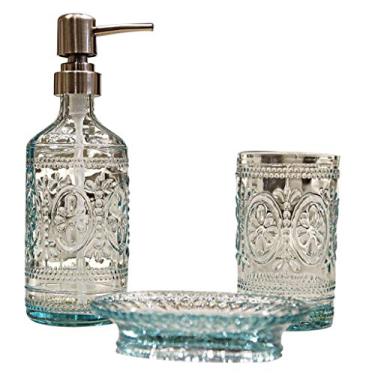 Imagem de KUYBTU Dispensadores de sabão de bancada, dispensador de sabão de vidro transparente azul, bomba de sabão abs, frascos de sabão líquido recarregáveis no topo do hotel, dispensadores de sabão