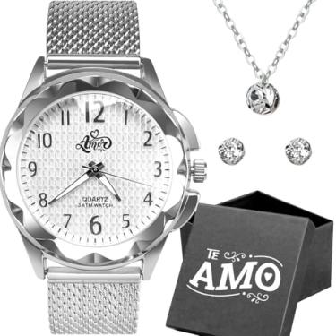 Imagem de Relogio feminino aço inox prata + pulseira + caixa + colar presente strass autentico social
