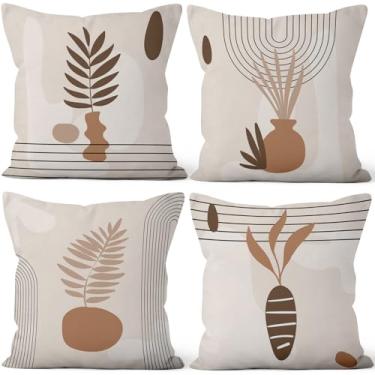 Imagem de Vie Savaran Conjunto de 4 capas de travesseiro boêmias abstratas 61 x 61 cm, folhas de plantas estéticas modernas para sofá, cadeira, sofá, cama, escritório, jardim, quinta, interior, exterior