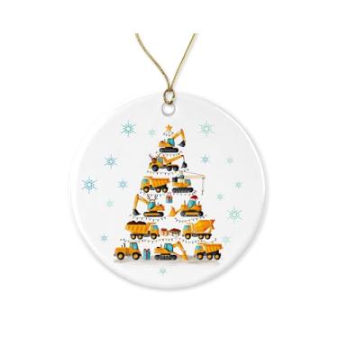 Imagem de ZoZi9xDesigns Enfeite de árvore de Natal de construção - Enfeite de Natal de escavadeira de cerâmica - Caminhão basculante - Presente para crianças - Lembrança de árvore de Natal impressa em ambos os