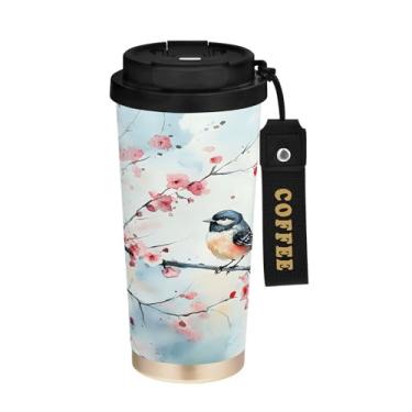 Imagem de SEHANY Caneca de café de viagem Flores e pássaros de 482 g com tampa revestida de cerâmica e à prova de vazamento, parede dupla, copo de aço inoxidável isolado a vácuo para bebidas quentes e frias