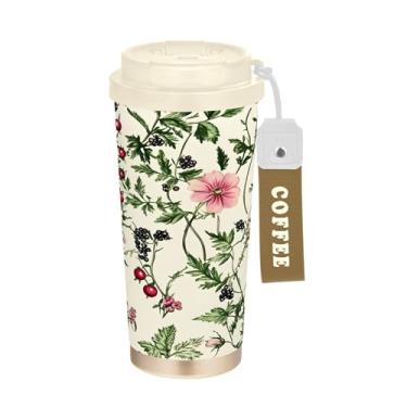 Imagem de SEHANY Caneca de viagem colorida de ervas silvestres de 500 ml Copos de café reutilizáveis revestidos de cerâmica com tampa à prova de vazamento, parede dupla, isolamento a vácuo, copo de café de aço