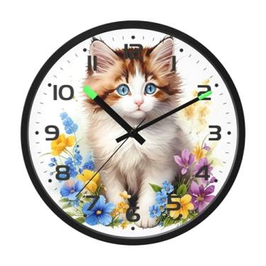 Imagem de SEHANY Relógio de parede de gato fofo, silencioso, sem tique-taque, operado por bateria, controle de som, luz noturna, relógios de parede para sala de estar, cozinha, quarto, escritório, decoração de
