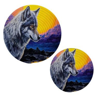 Imagem de Blueangle 2 peças de suporte de panela de tripé de lobo do pôr do sol - conjunto de pegadores de panela de tecido redondo - almofadas quentes trançadas de algodão - porta-copos - tapetes de mesa para