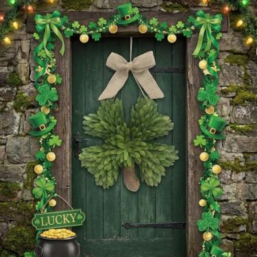 Imagem de Dingion Guirlanda de porta de trevo do dia de São Patrício de 38 cm, guirlanda de trevo verde da sorte, decoração do dia de São Patrício, para decoração de porta da frente, placa irlandesa para
