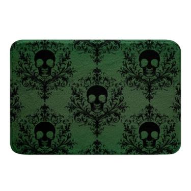 Imagem de Tapetes de banho de caveira gótica preta vintage damasco floral verde tapetes de banheiro, tapetes de banho barrocos vitorianos antigos, decoração de quarto de adultos, tapetes de pelúcia absorventes