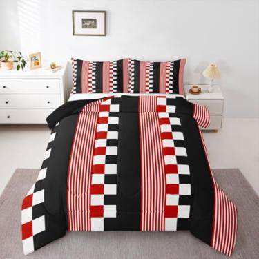 Imagem de jejeloiu Conjunto de edredom xadrez, tamanho solteiro, branco, preto e vermelho, para crianças, meninos, meninas, listras, decoração de quarto geométrico, microfibra, 2 peças com 1 fronha