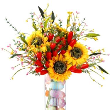 Imagem de Maysing 16 hastes artificiais de Páscoa com cenouras, folhas de girassol e eucalipto, hastes de primavera para sala de estar, decoração de vaso de casa e decorações de Páscoa