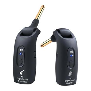 Imagem de oshhni Transmissor e receptor de guitarra elétrica recarregável, portátil, sem fios, para prática de baixo e performance profissional, Preto