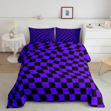 Imagem de Castle Fairy Jogo de cama solteiro quadriculado, xadrez, geométrico, 2 peças, para decoração de quarto de crianças, meninas, meninos, arte abstrata, moderno, roxo escuro, edredom acolchoado, 1 fronha
