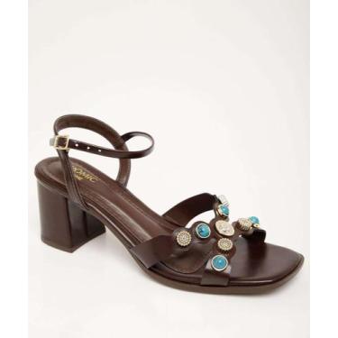 Imagem de Sandália Salto Grosso Feminina Pedras Sintéticas-59144 - Cromic, Marro