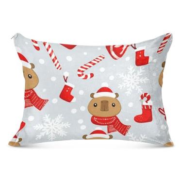 Imagem de Burbuja Capivaras usando chapéus de Natal fronha tamanho Queen 50,8 x 76,2 cm, capa de almofada de pelúcia ultramacia e aconchegante com zíper para pele de cabelo