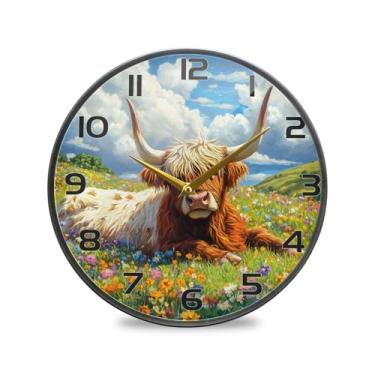 Imagem de YETTASBIN Highland Cow Relógio de parede acrílico – Silencioso, sem tique-taque, operado por bateria, relógio redondo decorativo criativo para cozinha, sala de estar, banheiro, decoração de escritório