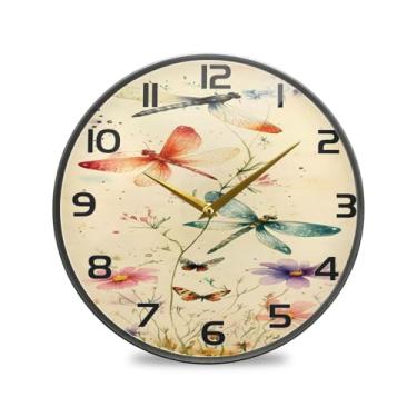 Imagem de YETTASBIN Relógio de parede de acrílico Dragonflies Wildflowers - Silencioso, sem tique-taque, operado por bateria, relógio redondo decorativo criativo para cozinha, sala de estar, banheiro, decoração