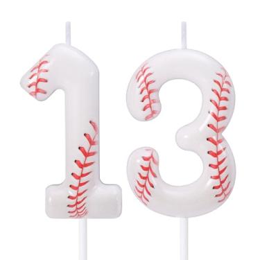 Imagem de Vela de Aniversário Beisebol, Topo de Bolo Beisebol Vermelho e Branco Decoração Bolo com Tema Esportivo para Festas Aniversários e Comemorações (Número 13)