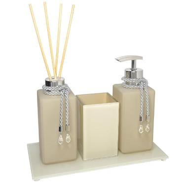 Imagem de Kit Lavabo Bege Luxo de Vidro 250ml com Bandeja Espelhada – Saboneteira e Difusor de Aromas Decorativo para Banheiro e Lavabo (Prata,COM BANDEJA)