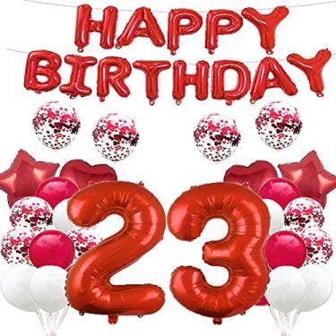 Imagem de GLZLMM Balão de 23º aniversário, decorações de 23 anos, vermelho, 23 balões, artigos para festa de 23 anos, número 23 balões de alumínio Mylar, balões de látex, presentes para meninas, meninos,