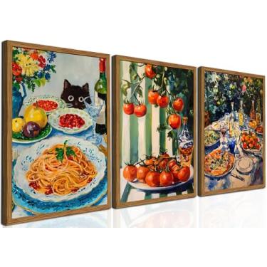 Imagem de Conjunto de 3 arte de parede em tela de cozinha italiana vintage emoldurada, gato preto engraçado com fotos de comida de macarrão, pinturas de tomate rústico, impressões de casa de fazenda, decoração