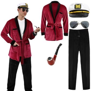 Imagem de Pigmiss Roupão vermelho masculino conjunto de fantasia de capitão com calça capitão chapéu cachimbo óculos de sol acessórios para adultos, Vermelho, XL/XXL