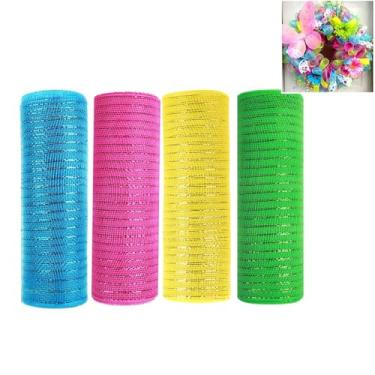 Imagem de JStnana 4 rolos de malha decorativa de verão para fazer guirlandas de 25,4 cm x 7,6 m cada rolo de fita metálica de malha de poliéster amarelo verde rosa azul artesanato de malha decorativa para