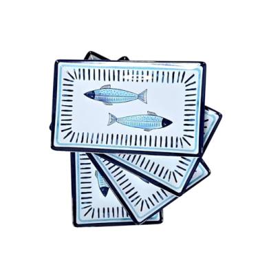 Imagem de Pratos para aperitivos quadrados de melamina com tema de peixe, conjunto de 4, 20 x 12,7 x 2,5 cm