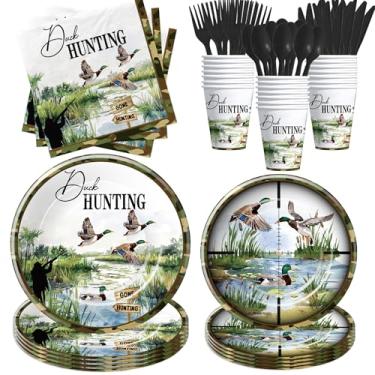 Imagem de Suhelkit Artigos de mesa para decoração de festa de caça de patos - tema de pato, uma sorte, suprimentos de festa de aniversário, prato de papel, copo, guardanapo, talheres descartáveis | 24