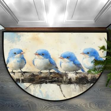 Imagem de Bardic Tapete de porta meio redondo para entrada interna, retrô, pássaros azuis, antiderrapantes, absorventes tapetes de banheiro 61 x 91 cm, tapetes semicírculos, tapetes de área para casa, cozinha