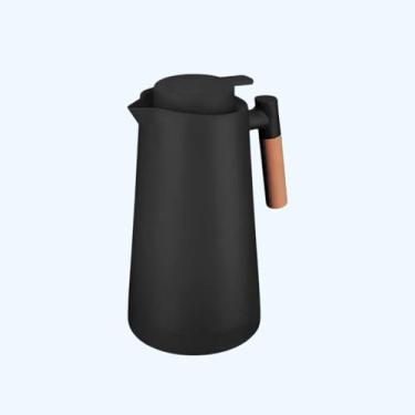Imagem de Garrafa Térmica Premium, Preta com Alça em Madeira, 1L, Isolamento Térmico 8h, Bico Corta Pingo, 25cm Altura