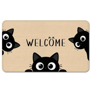 Imagem de Tapete de porta da frente de gato preto engraçado, tapete de porta de boas-vindas com borracha antiderrapante, tapetes de entrada resistentes ao desbotamento, capacho frontal fácil de limpar para
