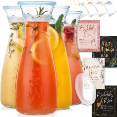 Imagem de PRESTIGE Mimosa Bar Kit - 4 Glass Carafe with Lids 27oz & Brunch Decor, Mimosa Pitcher w/ Plastic Carafe Lid, Juice Carafes for Mimosa Bar Supplies, Baby Bridal Shower Decorations (4 Set)