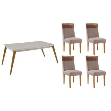 Imagem de Sala Jantar Mesa Havana Tampo c/ Vidro Curvo 120cm+4 Cadeiras Jaspe Madeira Naturale/Off White - Capuccino/Linho Capuccino - Rufato