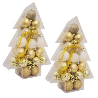 Imagem de Jogo 68 Mini Bolas de Natal Dourado e Branco Mix Texturas Premium 3cm 