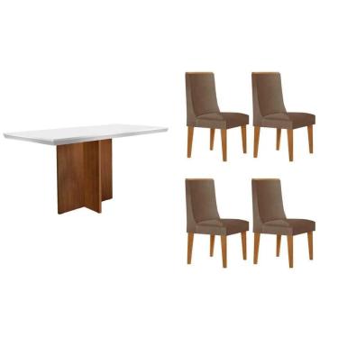 Imagem de Conjunto Sala de Jantar Berlim c/ Tampo Madeirado c/ Vidro Canto Curvo 120x80cm e 4 Cadeiras Dakota Madeira Maciça Naturale/Off White - Capuccino/Cora