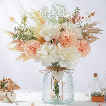 Imagem de JARELING Flores de seda com vaso, arranjo de flores artificiais com vaso de vidro, hortênsia de peônia sintética para decoração de mesa de centro de mesa (rosa branco peônia)
