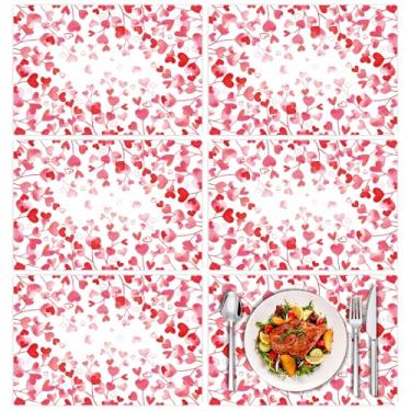 Imagem de Tarklanda Jogo americano de plástico para dia dos namorados, conjunto de 6, 28 x 40 cm, tapetes de mesa de jantar de vinil lavável, corações rosa, folhas, para cozinha, casamento, aniversário