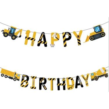 Imagem de Hooqict Faixa de Feliz Aniversário, Materiais de Festa de Aniversário para Crianças Meninos 1ª 2ª 3ª Construção Faixa de Festa Decoração de Guirlanda Decoração Escavadeira Caminhão Basculante Trator