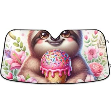Imagem de Toldo de sol personalizado floral sorvete com estampa de preguiça para para-brisa de carro engraçado retrátil dobrável para-brisa frontal impressão animal automotivo L, 144,8 cm x 80 cm