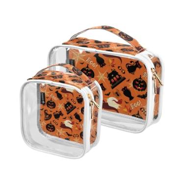Imagem de GAIGEO Pacote com 2 sacos transparentes para viagem de Halloween e abóbora, preto, bolsa de cosméticos à prova d'água, bolsa para cosméticos, Dia das Bruxas retrô, one size