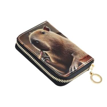 Imagem de Carteira feminina protetora de cartão de crédito com bloqueio de RFID, carteira de viagem de couro com zíper vintage capivara animal