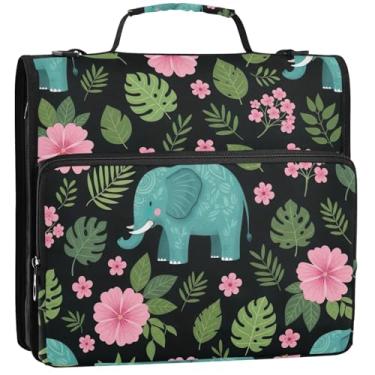 Imagem de Organizador de fichário com zíper para elefantes azul-petróleo com 3 anéis de 3,88 cm, bolsa de fichário para ensino médio com alça, vários bolsos, pasta grande, 34,5 x 31,5 x 9 cm