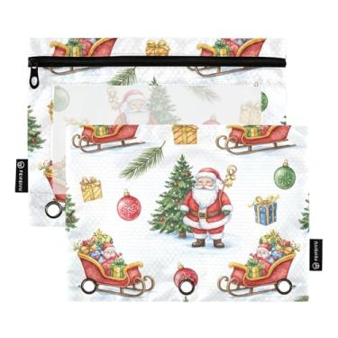 Imagem de GAIGEO Bolsa para lápis de árvore de Natal, Papai Noel, 3 anéis, fichário para canetas, fichário com zíper, bolsos transparentes para meninos 25 x 18 cm, 2 pacotes