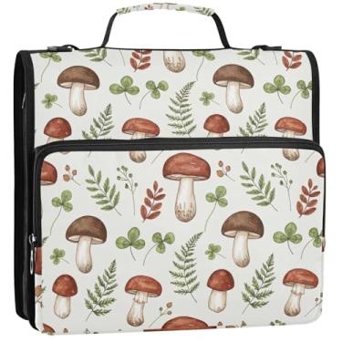 Imagem de Organizador de fichário colorido com zíper, 3 anéis, 3 anéis, cogumelos, marrom, bege, portfólio e estojo, suporte para pasta de anel, bolsa escolar com alça de ombro, 34,5 x 31,5 x 9 cm
